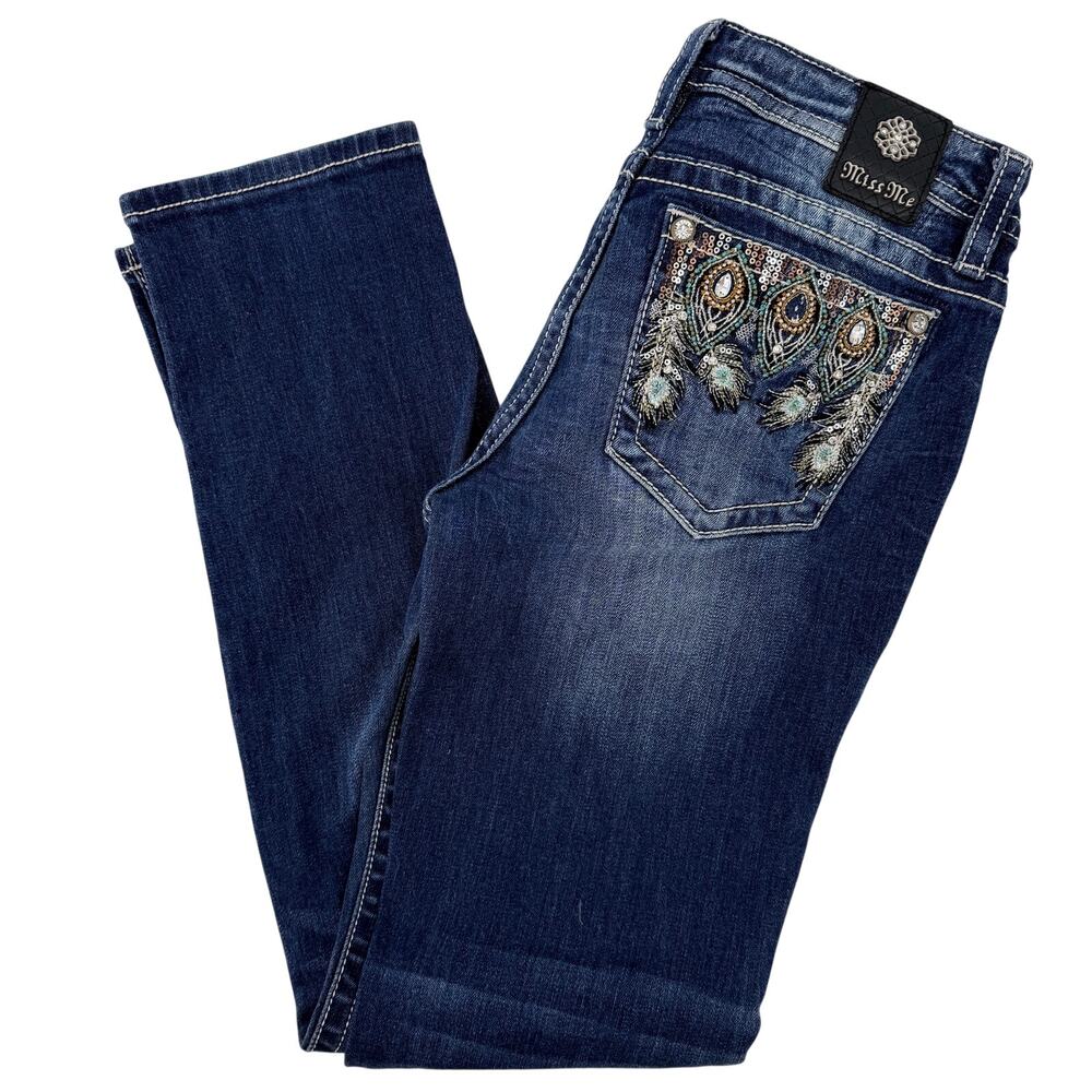 Miss Me Womens Jeans Sz 29 Peacock Feather Rhinestone Bling Mid Rise M3481T